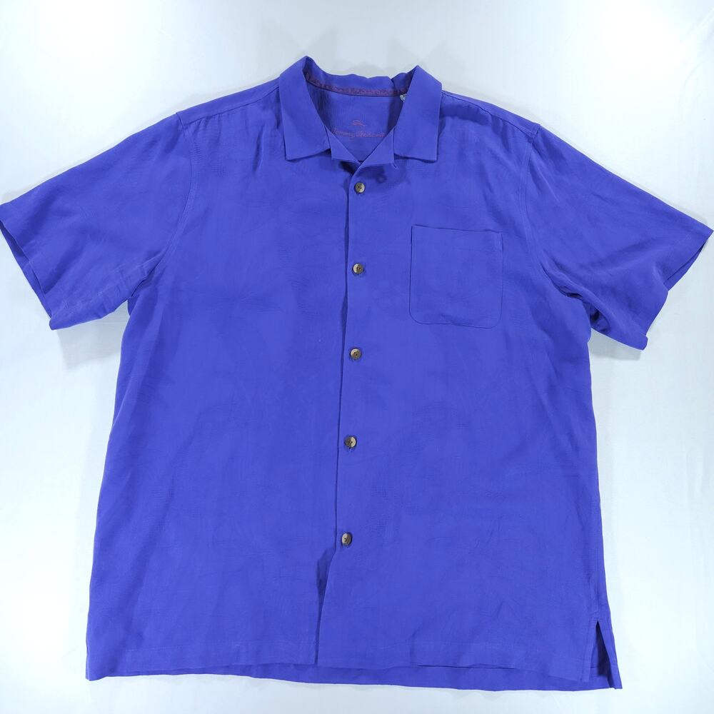 Tommy Bahama 100% Silk Camp Collar Short Sleeve Shirt Men's XL Blue Jacquard